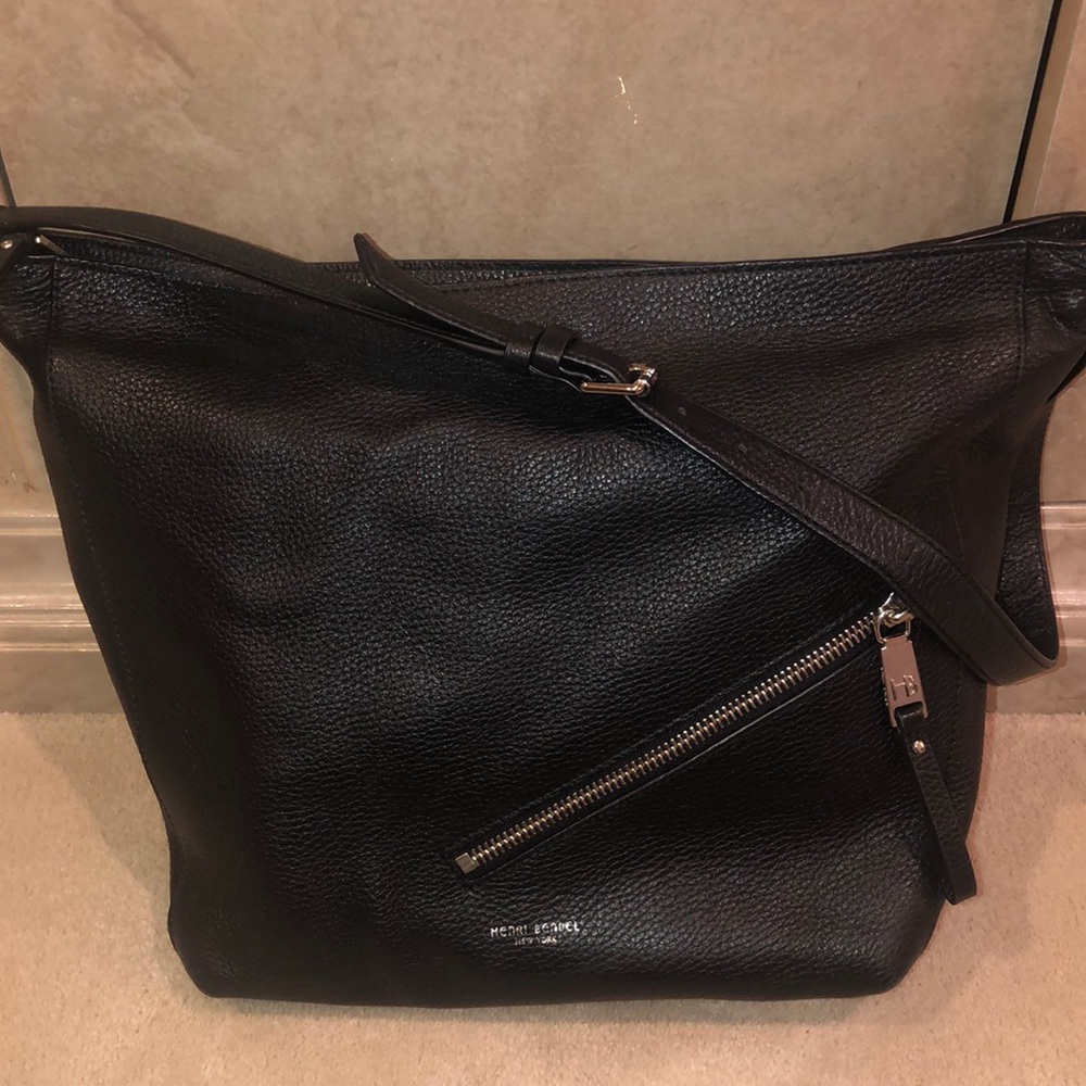 Rare,Henri Bendel Black pebbled leather bag, diagonal zipper pocket